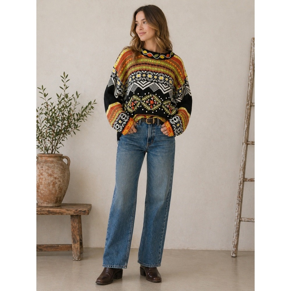 French Connection Sweater Small Black Multi Vintage Fair Isle Knit Pullover